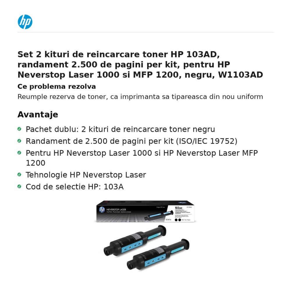 Set 2 kituri de reincarcare toner HP 103AD, randament 2.500 de pagini per kit, pentru HP Neverstop Laser 1000 si MFP 1200, negru, W1103AD [2]