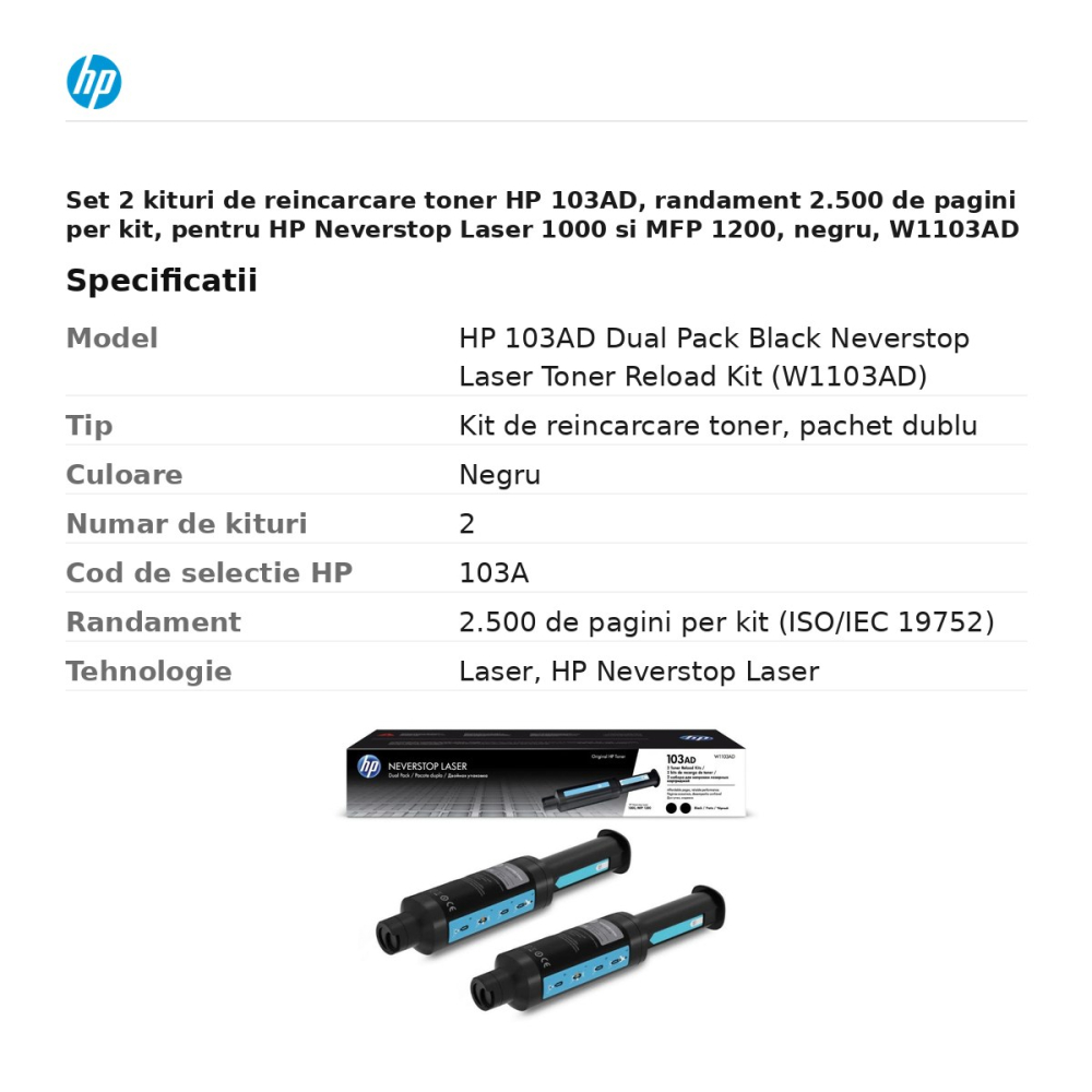 Set 2 kituri de reincarcare toner HP 103AD, randament 2.500 de pagini per kit, pentru HP Neverstop Laser 1000 si MFP 1200, negru, W1103AD [3]