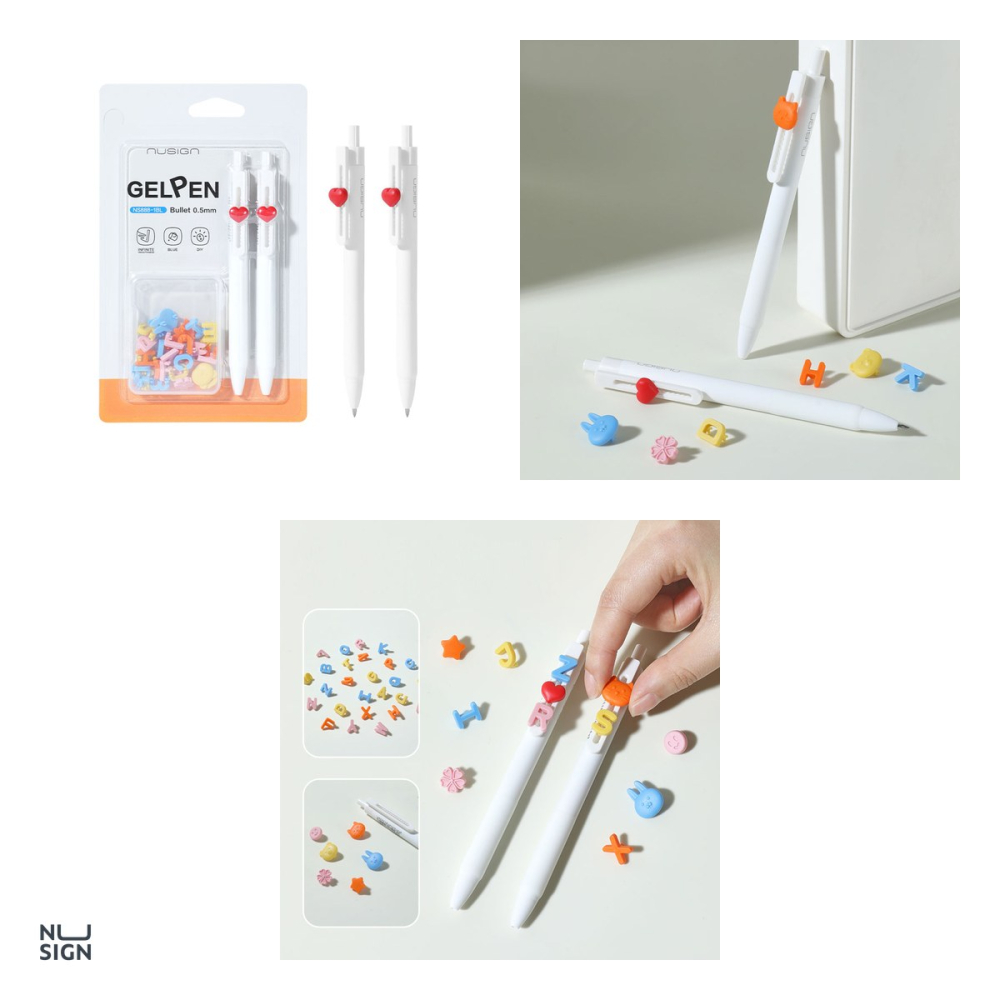 Set 2 pixuri cu gel Nusign Puzzle, cu mecanism, varf 0.5 mm, cerneala albastra, cu 1 set de litere decorative pentru clip, in blister [4]