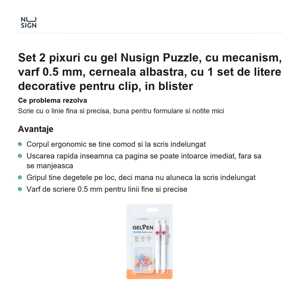 Set 2 pixuri cu gel Nusign Puzzle, cu mecanism, varf 0.5 mm, cerneala albastra, cu 1 set de litere decorative pentru clip, in blister [2]