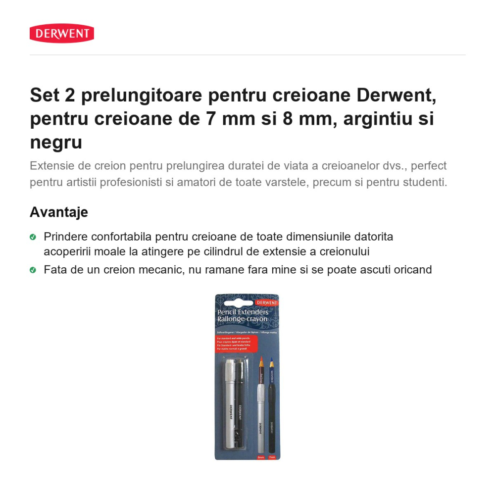 Set 2 prelungitoare pentru creioane Derwent, pentru creioane de 7 mm si 8 mm, argintiu si negru [2]