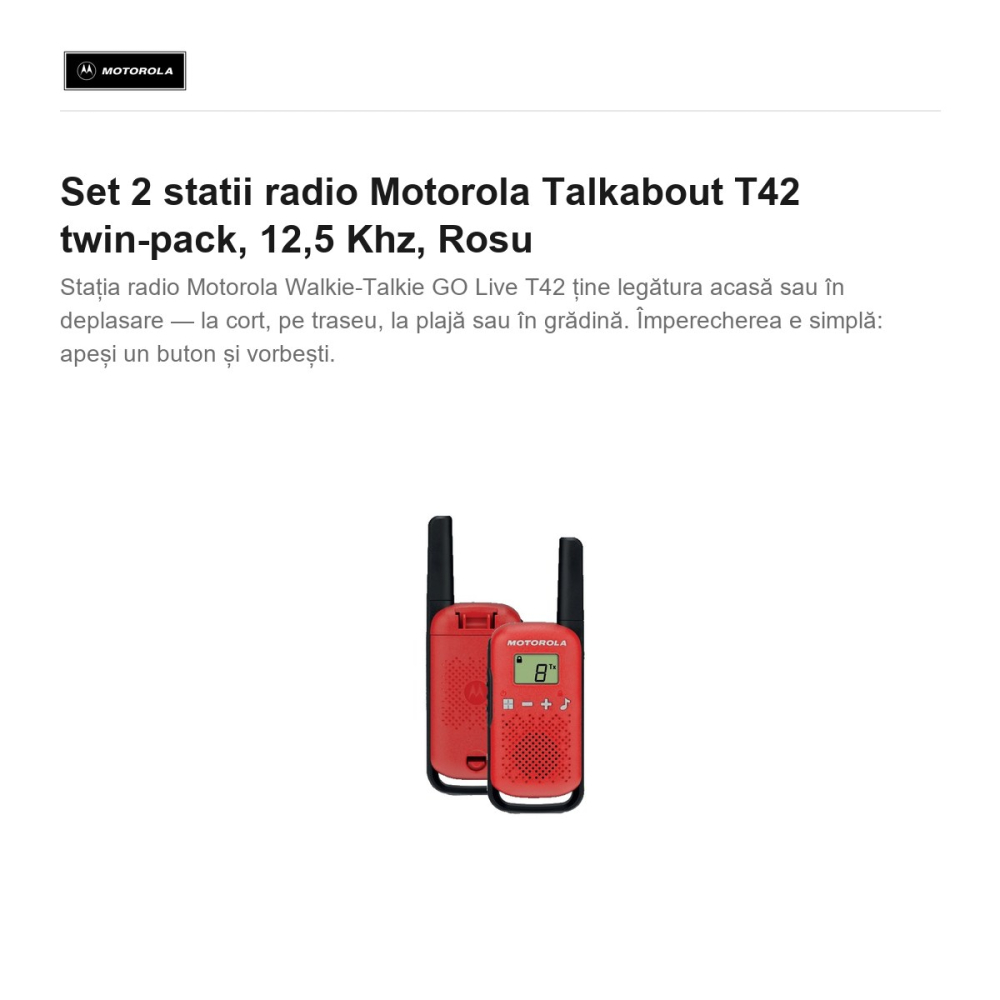Set 2 statii radio Motorola Talkabout T42 twin-pack, 12,5 Khz, Rosu [2]