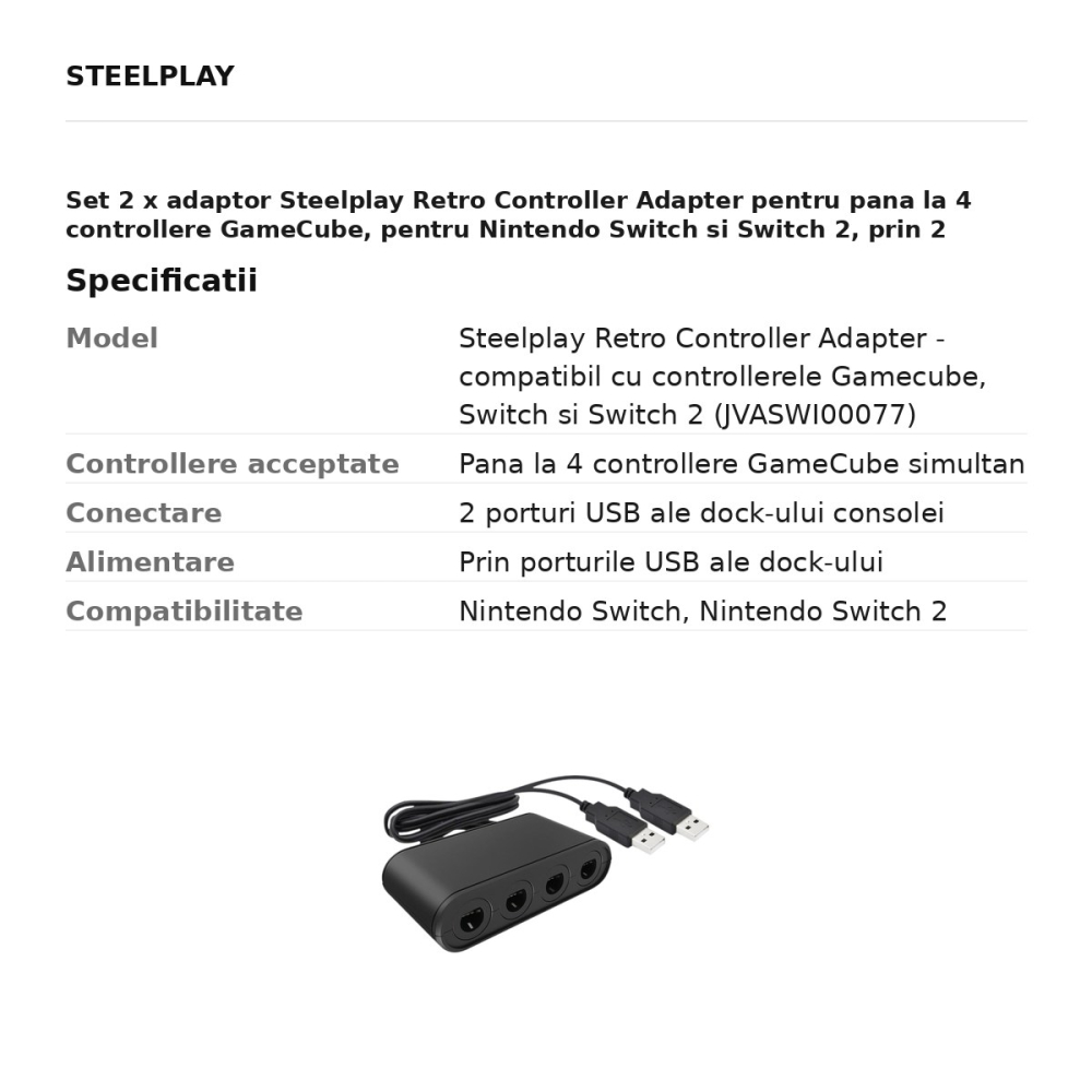 Set 2 x adaptor Steelplay Retro Controller Adapter pentru pana la 4 controllere GameCube, pentru Nintendo Switch si Switch 2, prin 2 porturi USB ale dock-ului, JVASWI00077 [3]