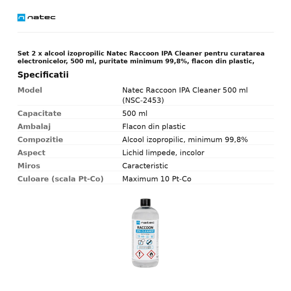 Set 2 x alcool izopropilic Natec Raccoon IPA Cleaner pentru curatarea electronicelor, 500 ml, puritate minimum 99,8%, flacon din plastic, NSC-2453 [3]