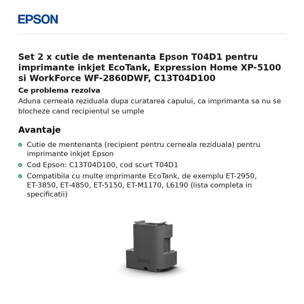 Set 2 x cutie de mentenanta Epson T04D1 pentru imprimante inkjet EcoTank, Expression Home XP-5100 si WorkForce WF-2860DWF, C13T04D100 [2]