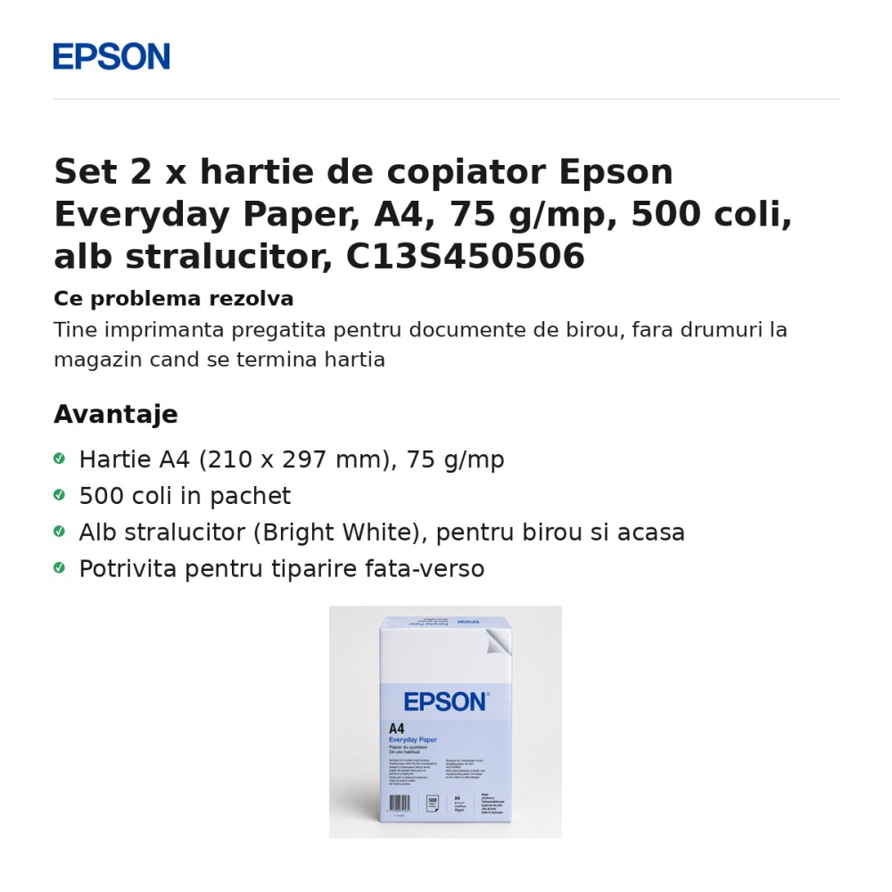 Set 2 x hartie de copiator Epson Everyday Paper, A4, 75 g/mp, 500 coli, alb stralucitor, C13S450506 [2]