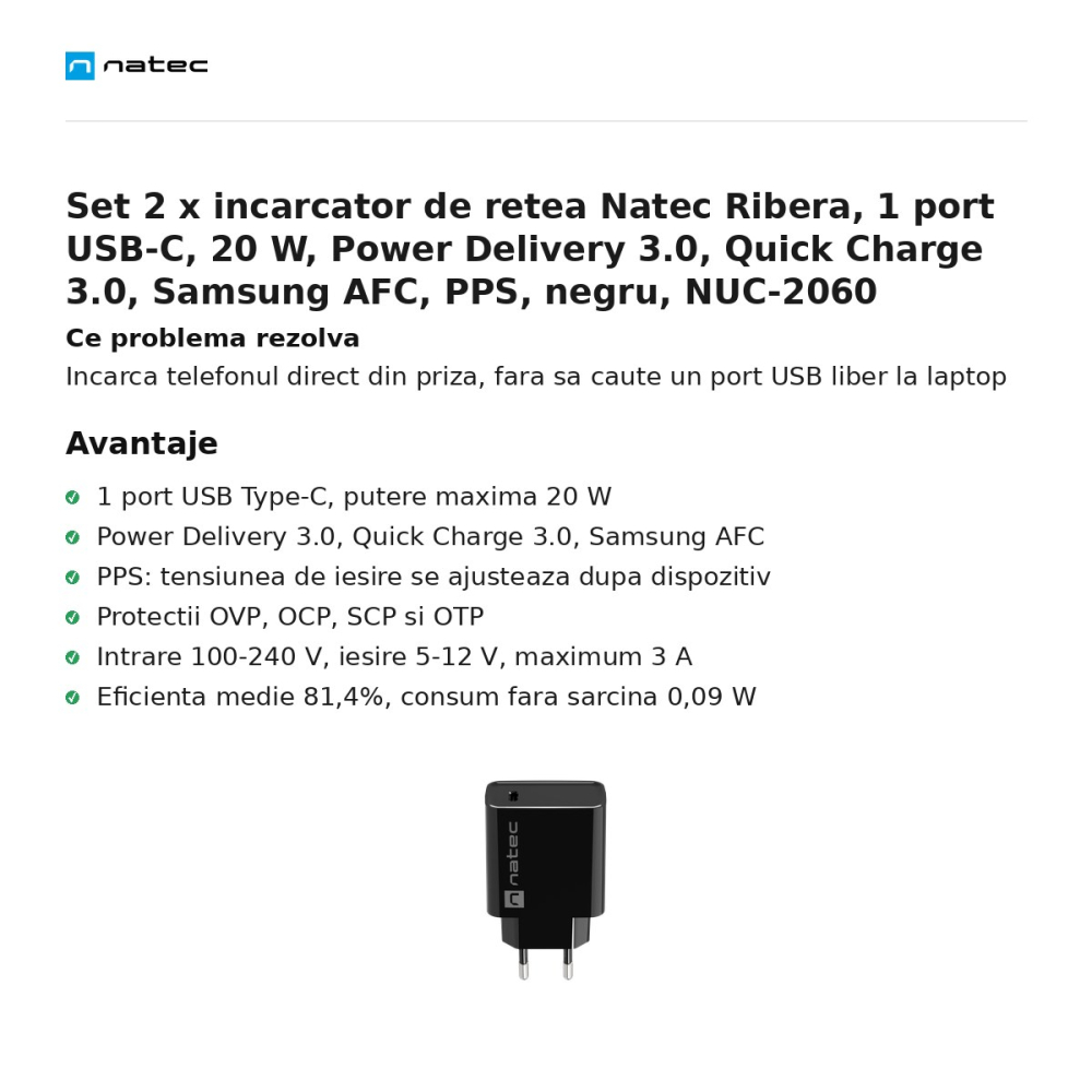 Set 2 x incarcator de retea Natec Ribera, 1 port USB-C, 20 W, Power Delivery 3.0, Quick Charge 3.0, Samsung AFC, PPS, negru, NUC-2060 [2]