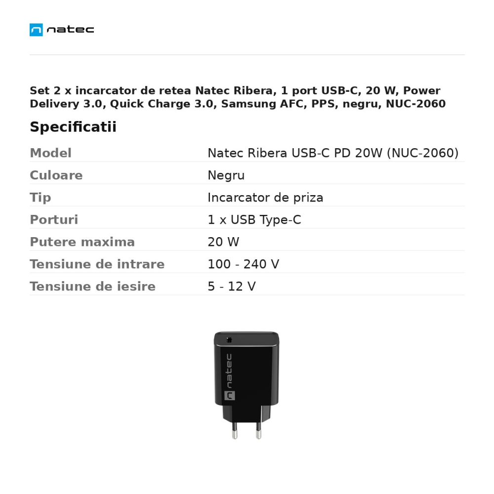 Set 2 x incarcator de retea Natec Ribera, 1 port USB-C, 20 W, Power Delivery 3.0, Quick Charge 3.0, Samsung AFC, PPS, negru, NUC-2060 [3]