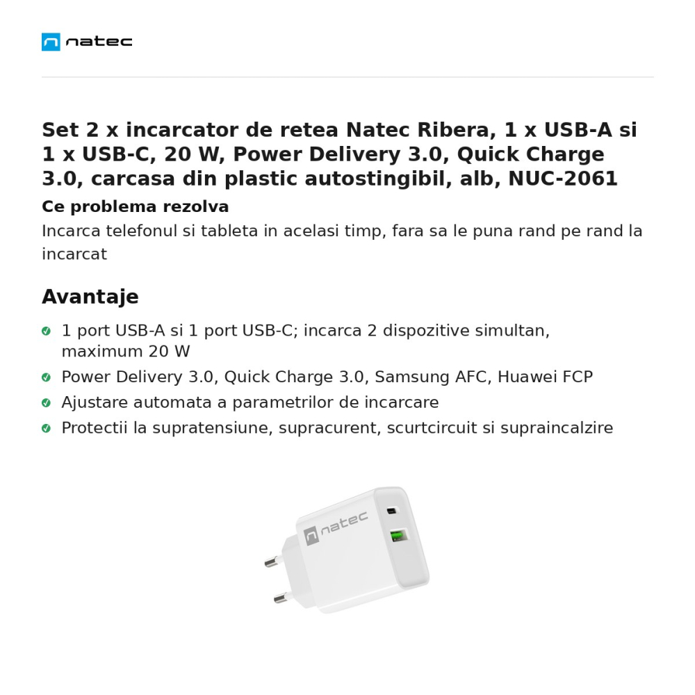 Set 2 x incarcator de retea Natec Ribera, 1 x USB-A si 1 x USB-C, 20 W, Power Delivery 3.0, Quick Charge 3.0, carcasa din plastic autostingibil, alb, NUC-2061 [2]