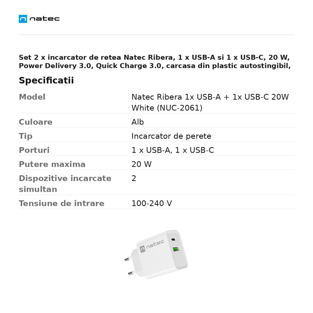 Set 2 x incarcator de retea Natec Ribera, 1 x USB-A si 1 x USB-C, 20 W, Power Delivery 3.0, Quick Charge 3.0, carcasa din plastic autostingibil, alb, NUC-2061 [3]