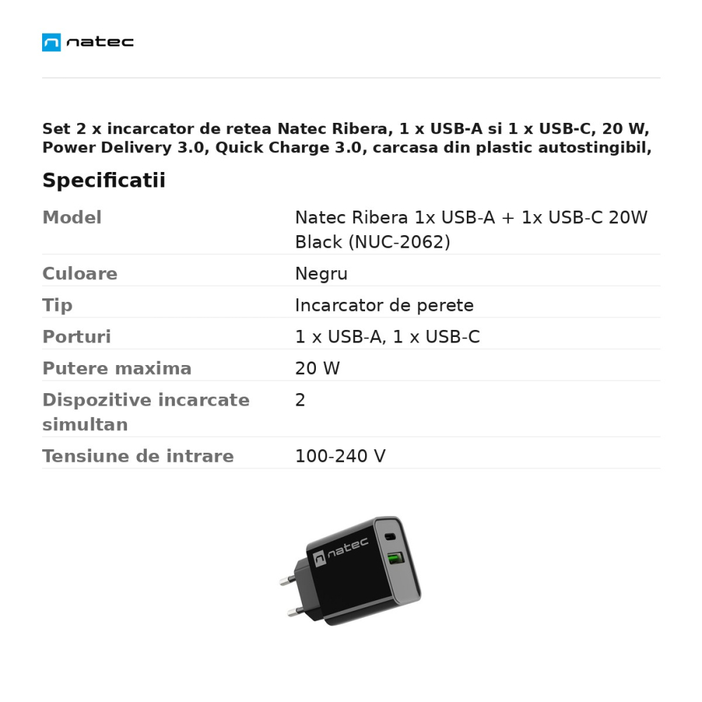 Set 2 x incarcator de retea Natec Ribera, 1 x USB-A si 1 x USB-C, 20 W, Power Delivery 3.0, Quick Charge 3.0, carcasa din plastic autostingibil, negru, NUC-2062 [3]