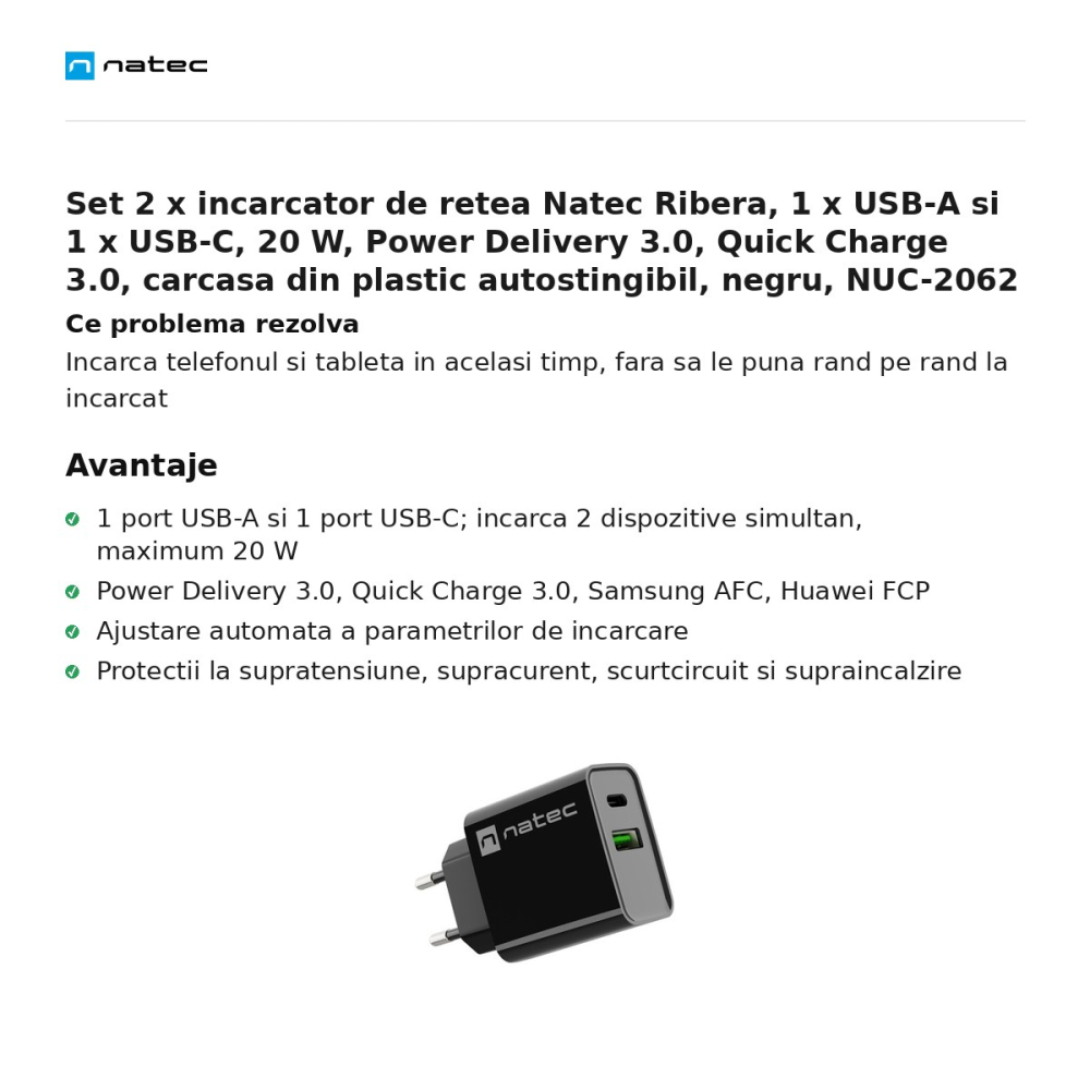 Set 2 x incarcator de retea Natec Ribera, 1 x USB-A si 1 x USB-C, 20 W, Power Delivery 3.0, Quick Charge 3.0, carcasa din plastic autostingibil, negru, NUC-2062 [2]