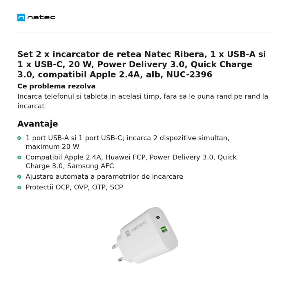Set 2 x incarcator de retea Natec Ribera, 1 x USB-A si 1 x USB-C, 20 W, Power Delivery 3.0, Quick Charge 3.0, compatibil Apple 2.4A, alb, NUC-2396 [2]