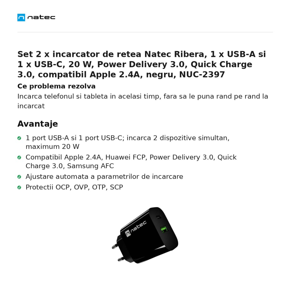 Set 2 x incarcator de retea Natec Ribera, 1 x USB-A si 1 x USB-C, 20 W, Power Delivery 3.0, Quick Charge 3.0, compatibil Apple 2.4A, negru, NUC-2397 [2]