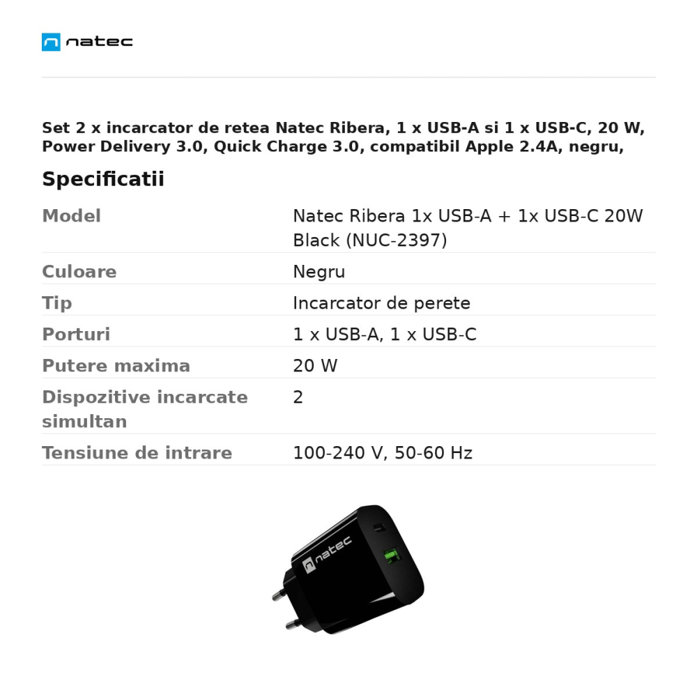 Set 2 x incarcator de retea Natec Ribera, 1 x USB-A si 1 x USB-C, 20 W, Power Delivery 3.0, Quick Charge 3.0, compatibil Apple 2.4A, negru, NUC-2397 [3]