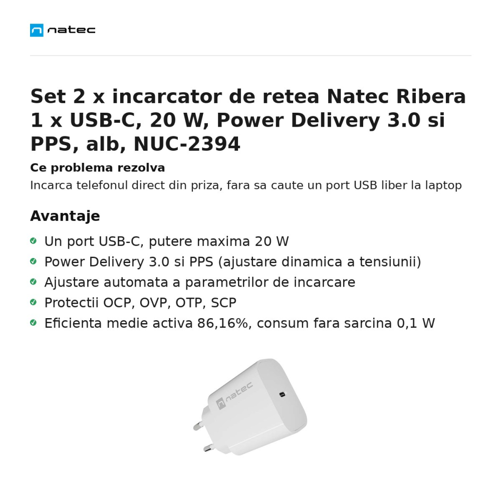 Set 2 x incarcator de retea Natec Ribera 1 x USB-C, 20 W, Power Delivery 3.0 si PPS, alb, NUC-2394 [2]
