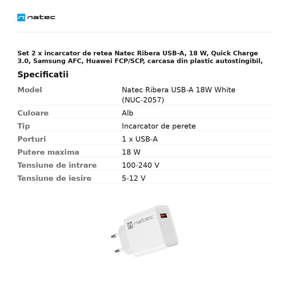 Set 2 x incarcator de retea Natec Ribera USB-A, 18 W, Quick Charge 3.0, Samsung AFC, Huawei FCP/SCP, carcasa din plastic autostingibil, alb, NUC-2057 [3]