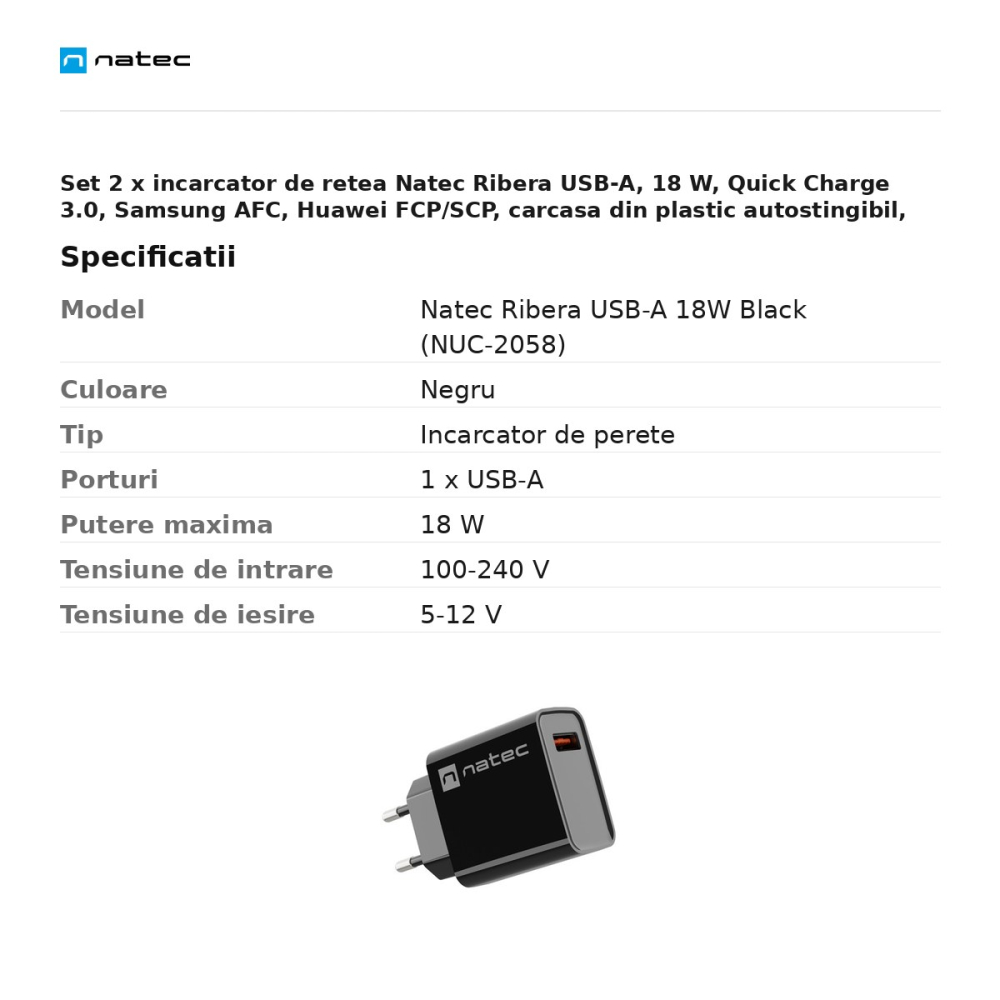Set 2 x incarcator de retea Natec Ribera USB-A, 18 W, Quick Charge 3.0, Samsung AFC, Huawei FCP/SCP, carcasa din plastic autostingibil, negru, NUC-2058 [3]