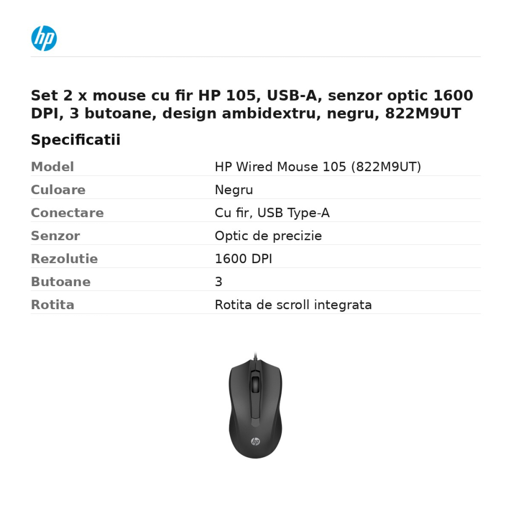 Set 2 x mouse cu fir HP 105, USB-A, senzor optic 1600 DPI, 3 butoane, design ambidextru, negru, 822M9UT [3]