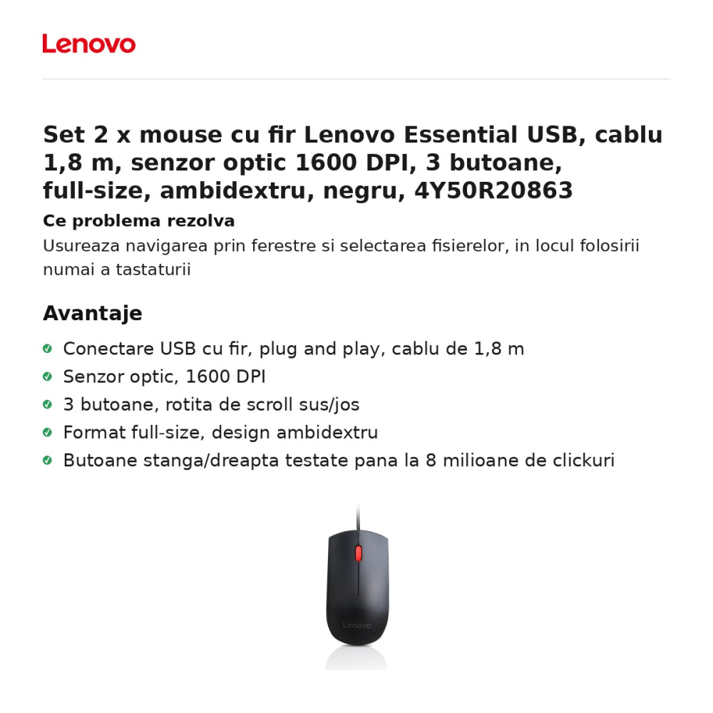 Set 2 x mouse cu fir Lenovo Essential USB, cablu 1,8 m, senzor optic 1600 DPI, 3 butoane, full-size, ambidextru, negru, 4Y50R20863 [2]