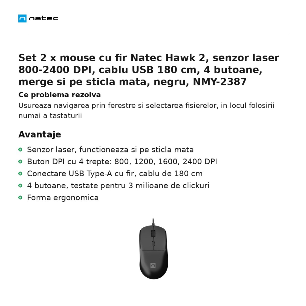 Set 2 x mouse cu fir Natec Hawk 2, senzor laser 800-2400 DPI, cablu USB 180 cm, 4 butoane, merge si pe sticla mata, negru, NMY-2387 [2]
