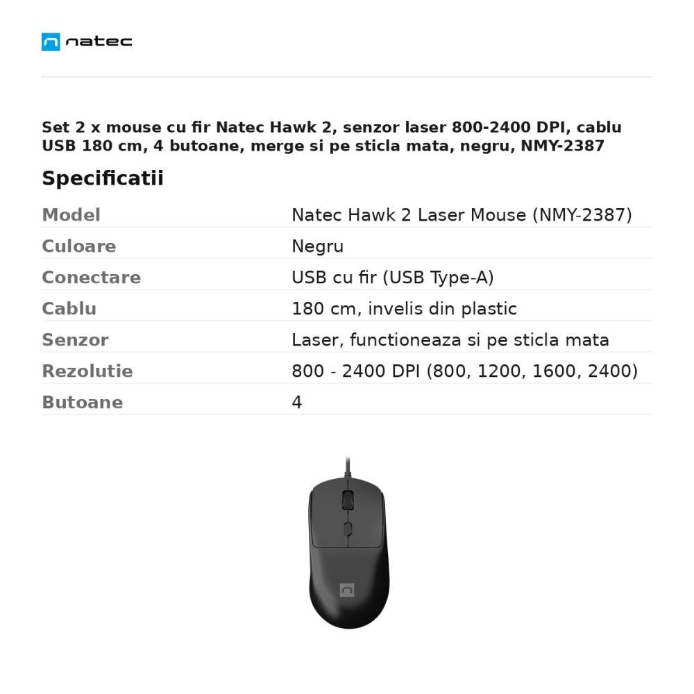 Set 2 x mouse cu fir Natec Hawk 2, senzor laser 800-2400 DPI, cablu USB 180 cm, 4 butoane, merge si pe sticla mata, negru, NMY-2387 [3]