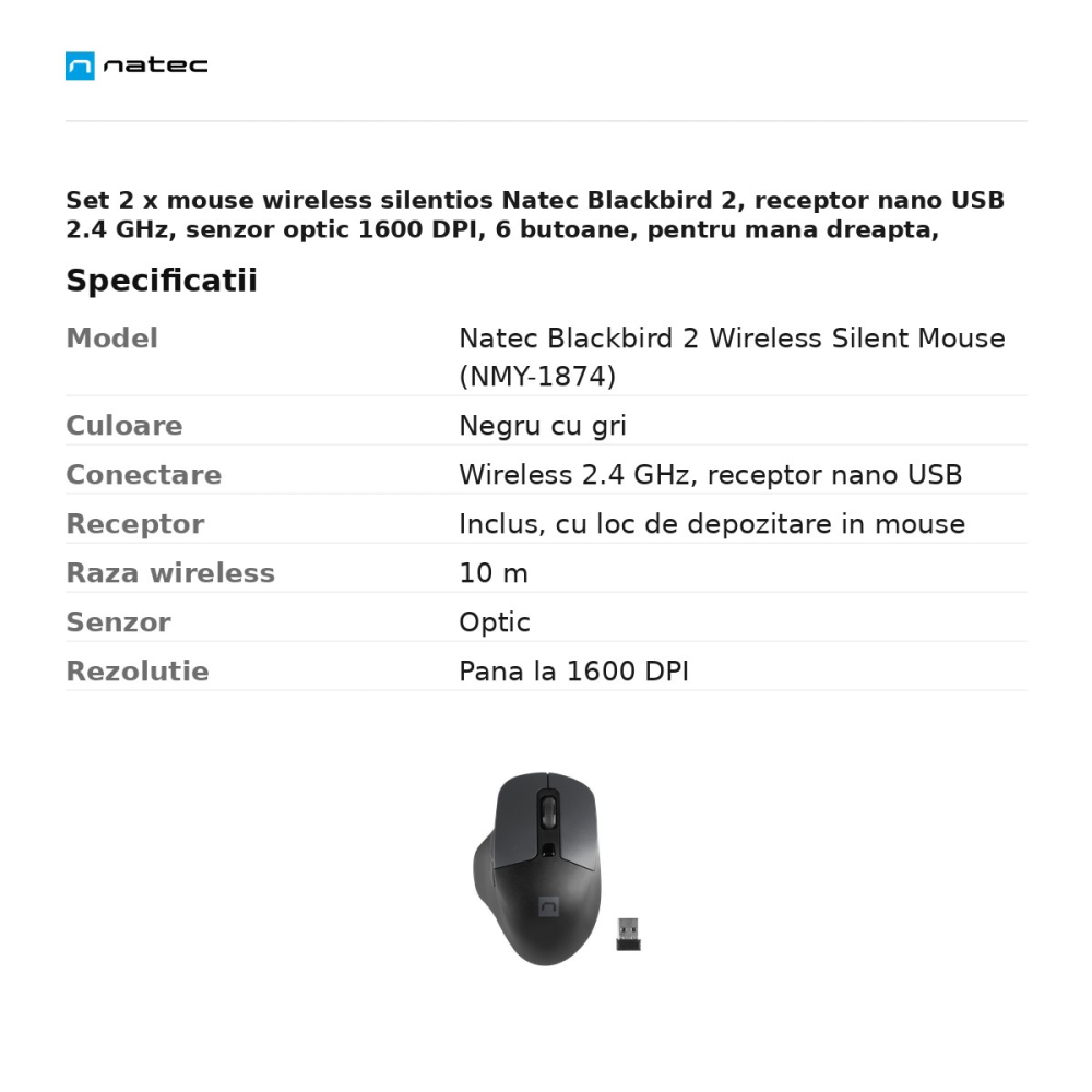Set 2 x mouse wireless silentios Natec Blackbird 2, receptor nano USB 2.4 GHz, senzor optic 1600 DPI, 6 butoane, pentru mana dreapta, negru cu gri, NMY-1874 [3]
