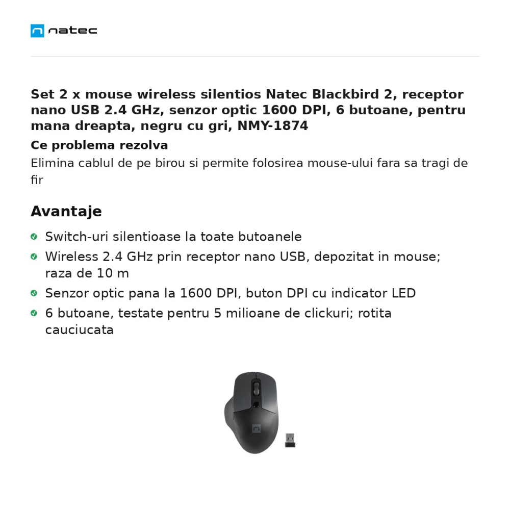 Set 2 x mouse wireless silentios Natec Blackbird 2, receptor nano USB 2.4 GHz, senzor optic 1600 DPI, 6 butoane, pentru mana dreapta, negru cu gri, NMY-1874 [2]