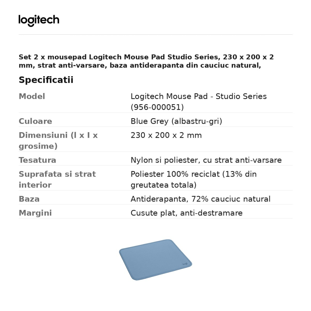 Set 2 x mousepad Logitech Mouse Pad Studio Series, 230 x 200 x 2 mm, strat anti-varsare, baza antiderapanta din cauciuc natural, albastru-gri, 956-000051 [3]