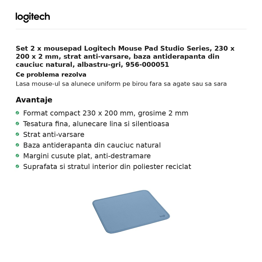 Set 2 x mousepad Logitech Mouse Pad Studio Series, 230 x 200 x 2 mm, strat anti-varsare, baza antiderapanta din cauciuc natural, albastru-gri, 956-000051 [2]