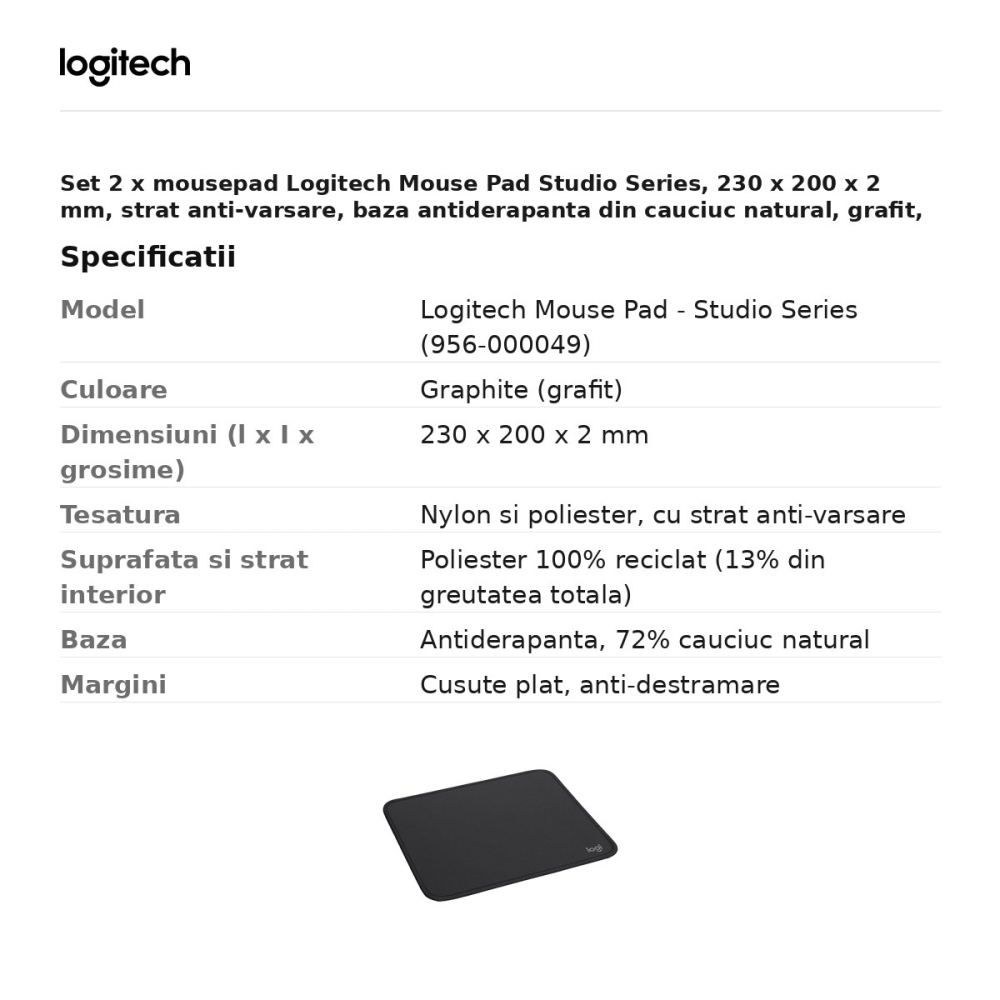 Set 2 x mousepad Logitech Mouse Pad Studio Series, 230 x 200 x 2 mm, strat anti-varsare, baza antiderapanta din cauciuc natural, grafit, 956-000049 [3]