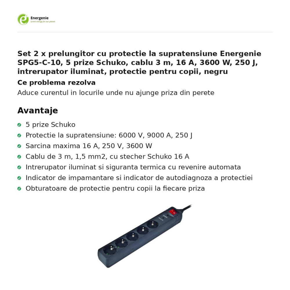Set 2 x prelungitor cu protectie la supratensiune Energenie SPG5-C-10, 5 prize Schuko, cablu 3 m, 16 A, 3600 W, 250 J, intrerupator iluminat, protectie pentru copii, negru [2]
