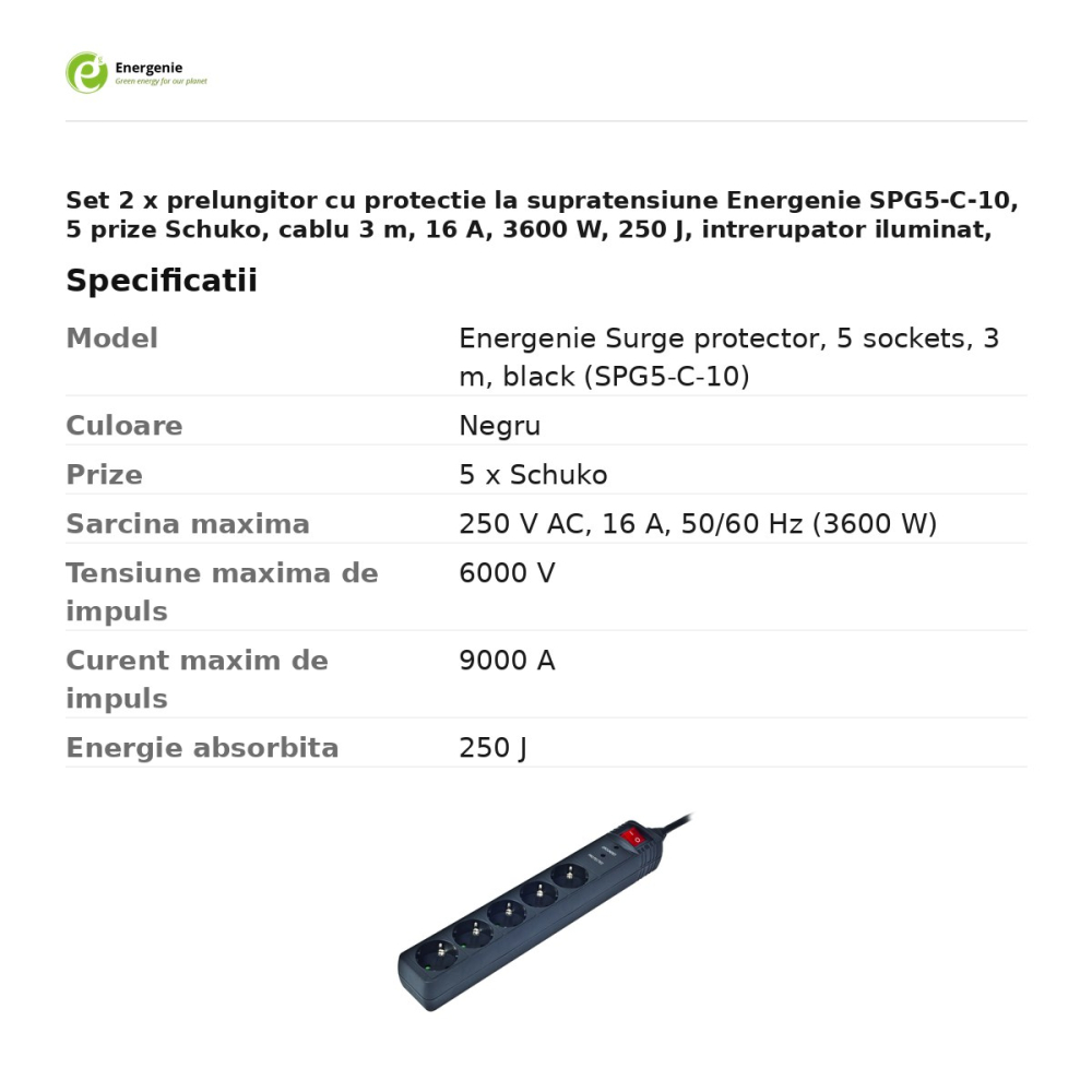 Set 2 x prelungitor cu protectie la supratensiune Energenie SPG5-C-10, 5 prize Schuko, cablu 3 m, 16 A, 3600 W, 250 J, intrerupator iluminat, protectie pentru copii, negru [3]