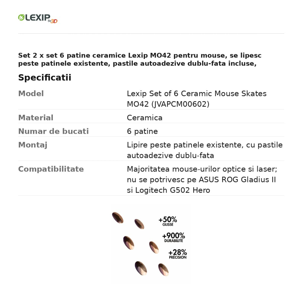 Set 2 x set 6 patine ceramice Lexip MO42 pentru mouse, se lipesc peste patinele existente, pastile autoadezive dublu-fata incluse, JVAPCM00602 [3]