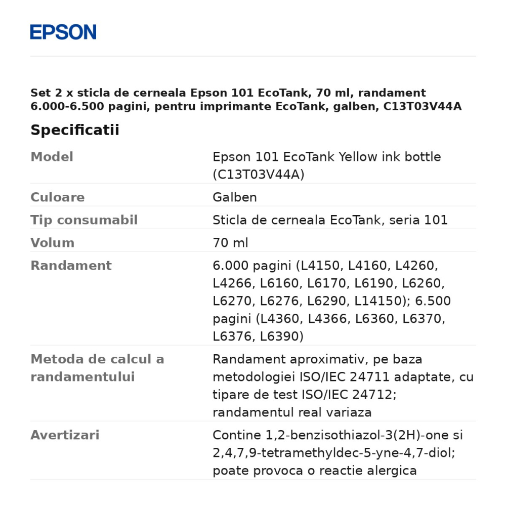 Set 2 x sticla de cerneala Epson 101 EcoTank, 70 ml, randament 6.000-6.500 pagini, pentru imprimante EcoTank, galben, C13T03V44A [3]