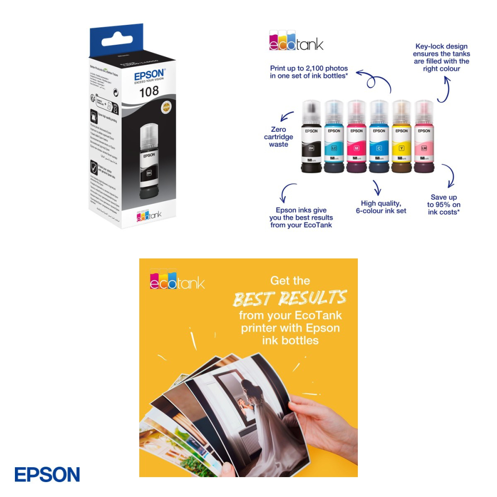 Set 2 x sticla de cerneala Epson 108 EcoTank, 70 ml, cerneala dye, randament 3.600 pagini, pentru L8050 si L18050, negru, C13T09C14A [4]