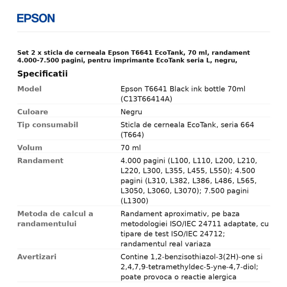 Set 2 x sticla de cerneala Epson T6641 EcoTank, 70 ml, randament 4.000-7.500 pagini, pentru imprimante EcoTank seria L, negru, C13T66414A [3]