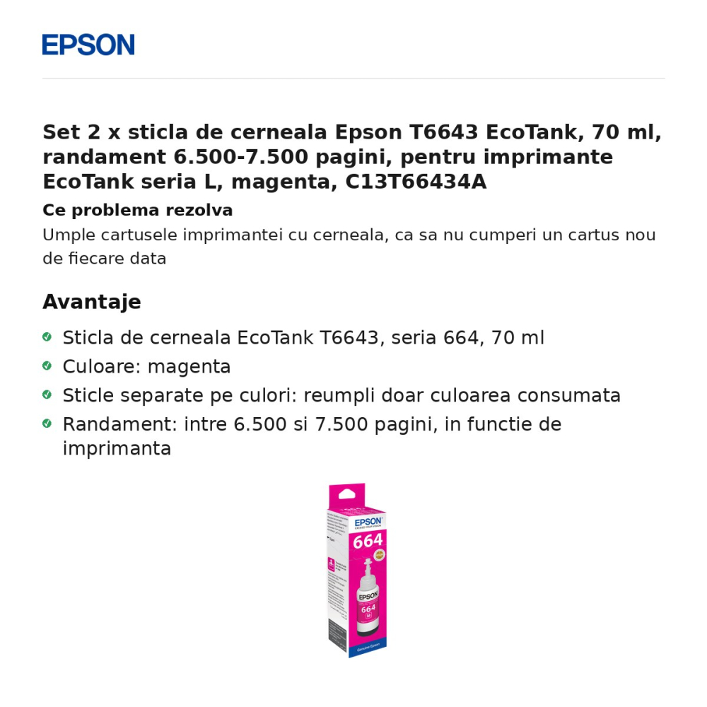 Set 2 x sticla de cerneala Epson T6643 EcoTank, 70 ml, randament 6.500-7.500 pagini, pentru imprimante EcoTank seria L, magenta, C13T66434A [2]