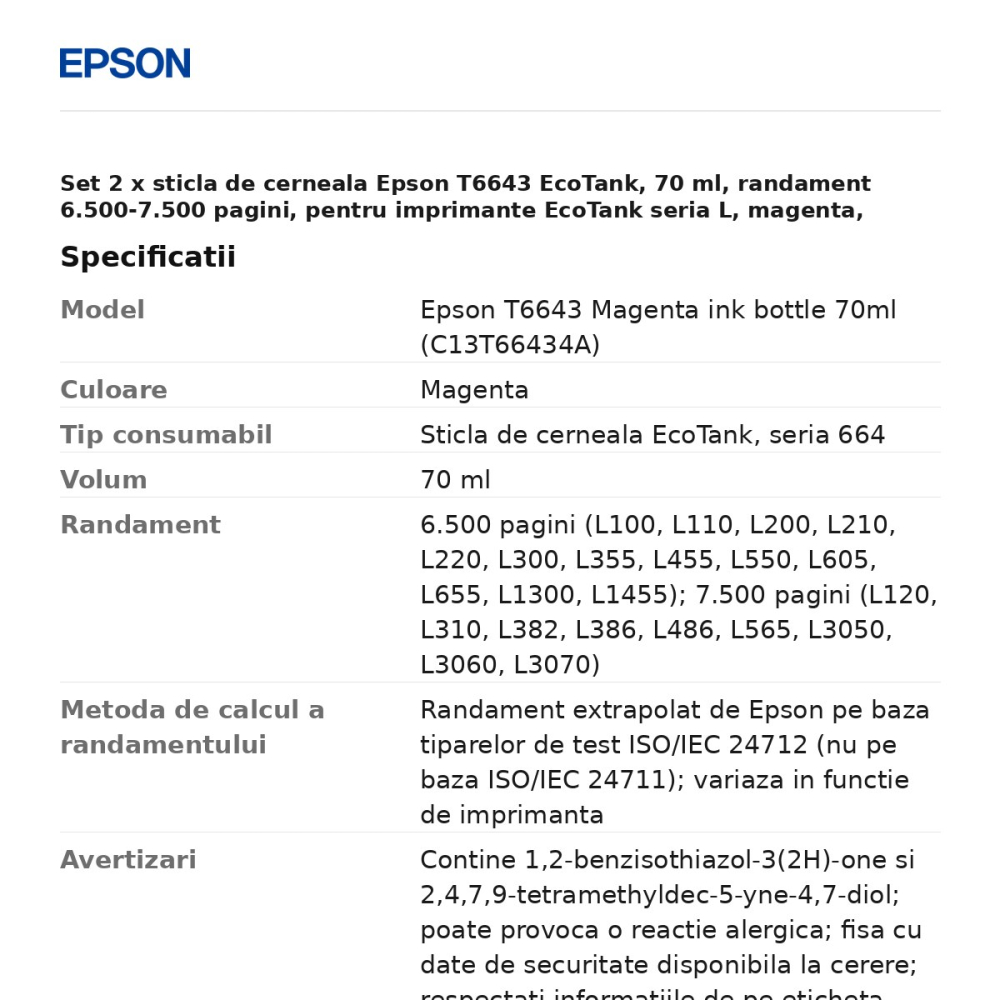 Set 2 x sticla de cerneala Epson T6643 EcoTank, 70 ml, randament 6.500-7.500 pagini, pentru imprimante EcoTank seria L, magenta, C13T66434A [3]