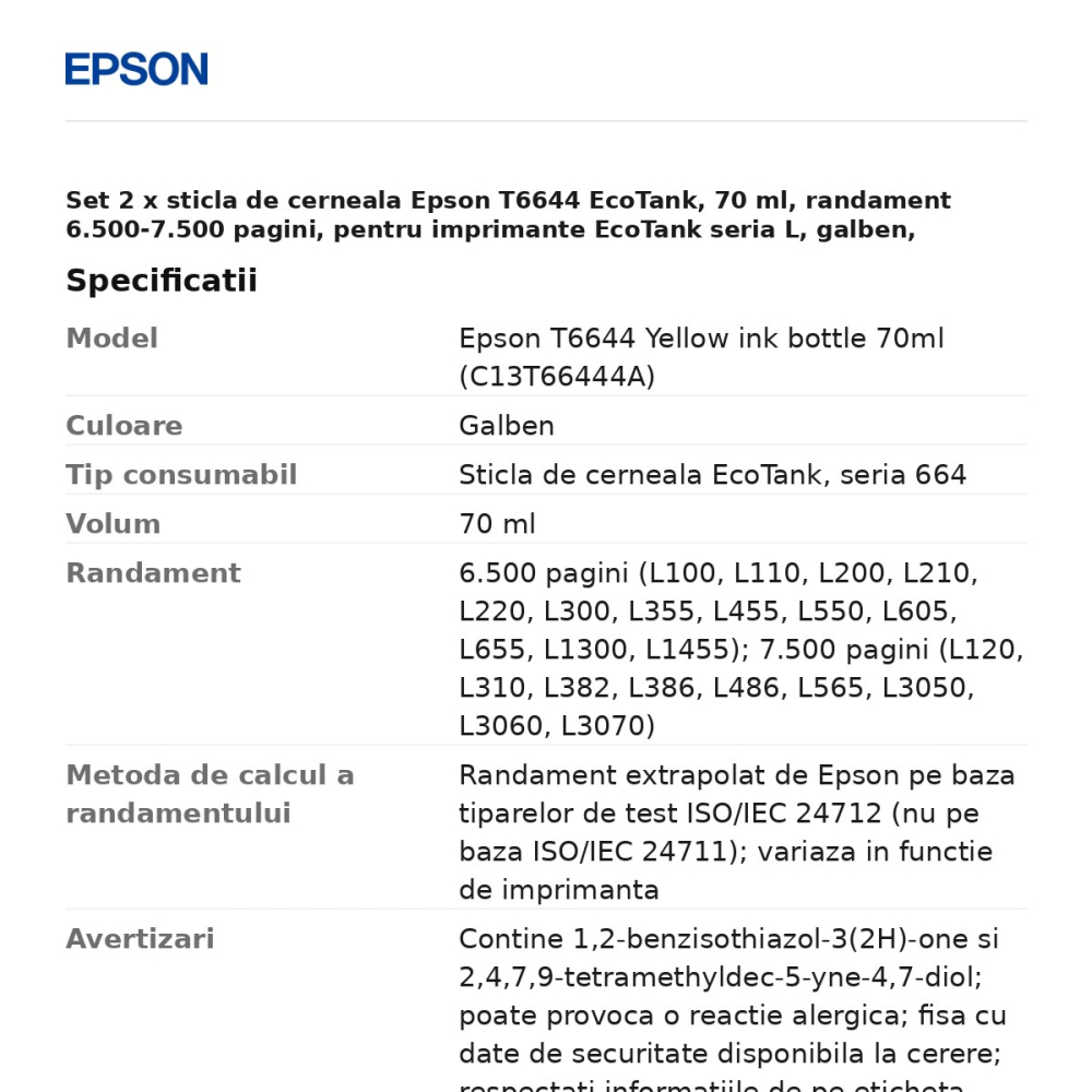 Set 2 x sticla de cerneala Epson T6644 EcoTank, 70 ml, randament 6.500-7.500 pagini, pentru imprimante EcoTank seria L, galben, C13T66444A [3]