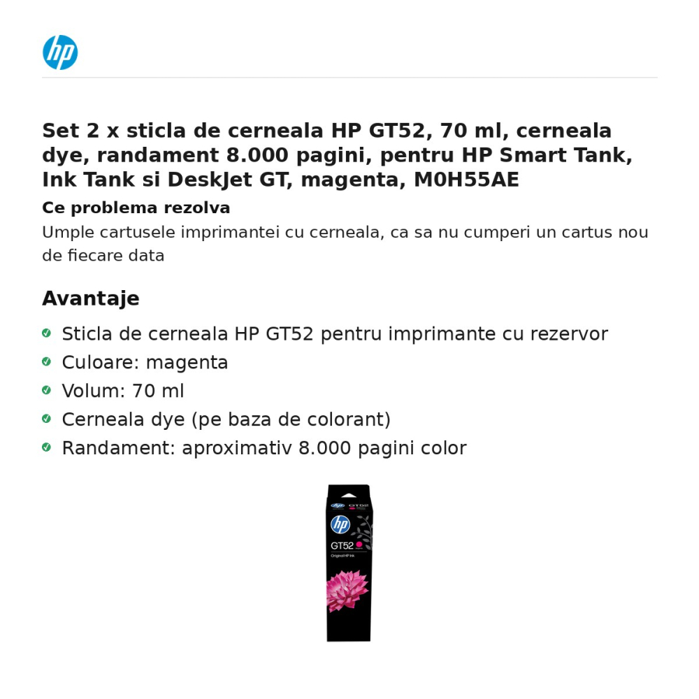 Set 2 x sticla de cerneala HP GT52, 70 ml, cerneala dye, randament 8.000 pagini, pentru HP Smart Tank, Ink Tank si DeskJet GT, magenta, M0H55AE [2]