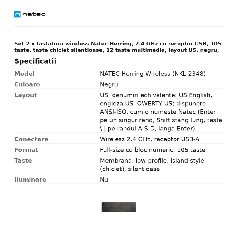 Set 2 x tastatura wireless Natec Herring, 2.4 GHz cu receptor USB, 105 taste, taste chiclet silentioase, 12 taste multimedia, layout US, negru, NKL-2348 [3]