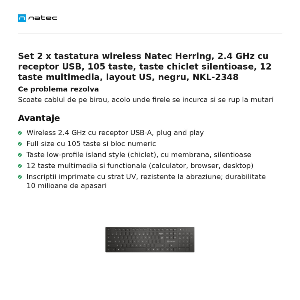 Set 2 x tastatura wireless Natec Herring, 2.4 GHz cu receptor USB, 105 taste, taste chiclet silentioase, 12 taste multimedia, layout US, negru, NKL-2348 [2]