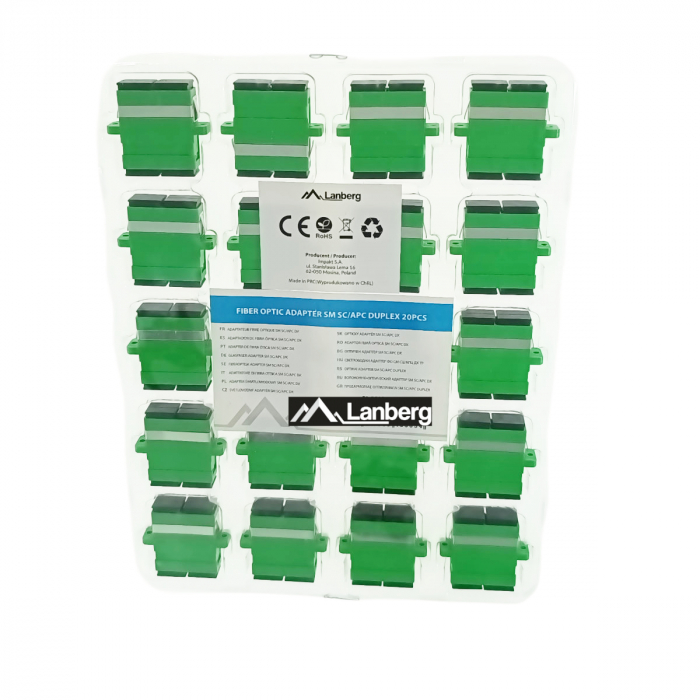 Set 20 adaptoare retea fibra optica cu conectori SC/APC, Lanberg 43365, SM DUPLEX, capace negre, verzi [6]