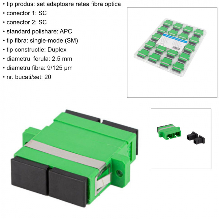 Set 20 adaptoare retea fibra optica cu conectori SC/APC, Lanberg 43365, SM DUPLEX, capace negre, verzi [7]