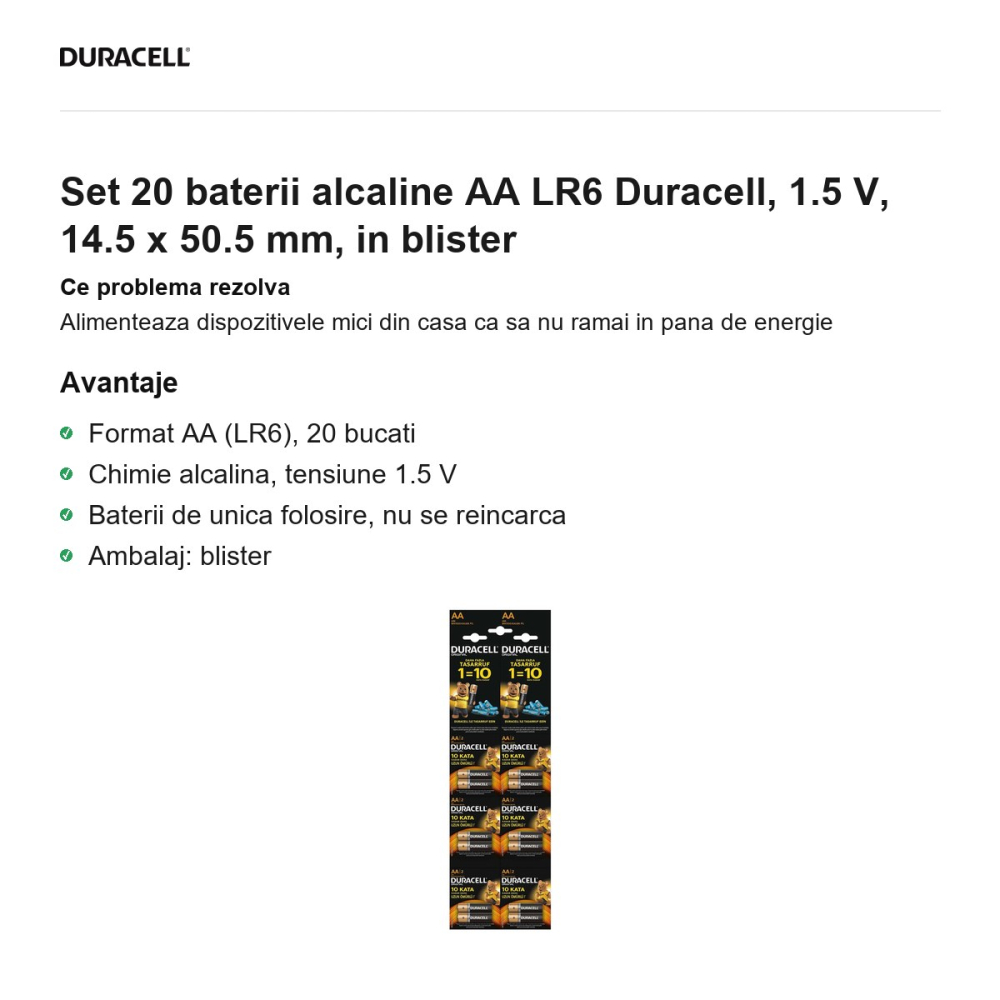 Set 20 baterii alcaline AA LR6 Duracell, 1.5 V, 14.5 x 50.5 mm, in blister [2]