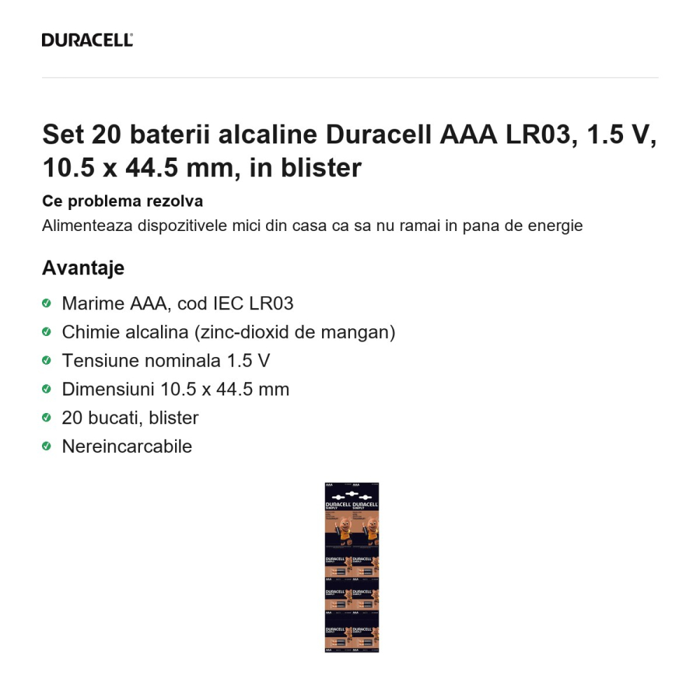 Set 20 baterii alcaline Duracell AAA LR03, 1.5 V, 10.5 x 44.5 mm, in blister [2]