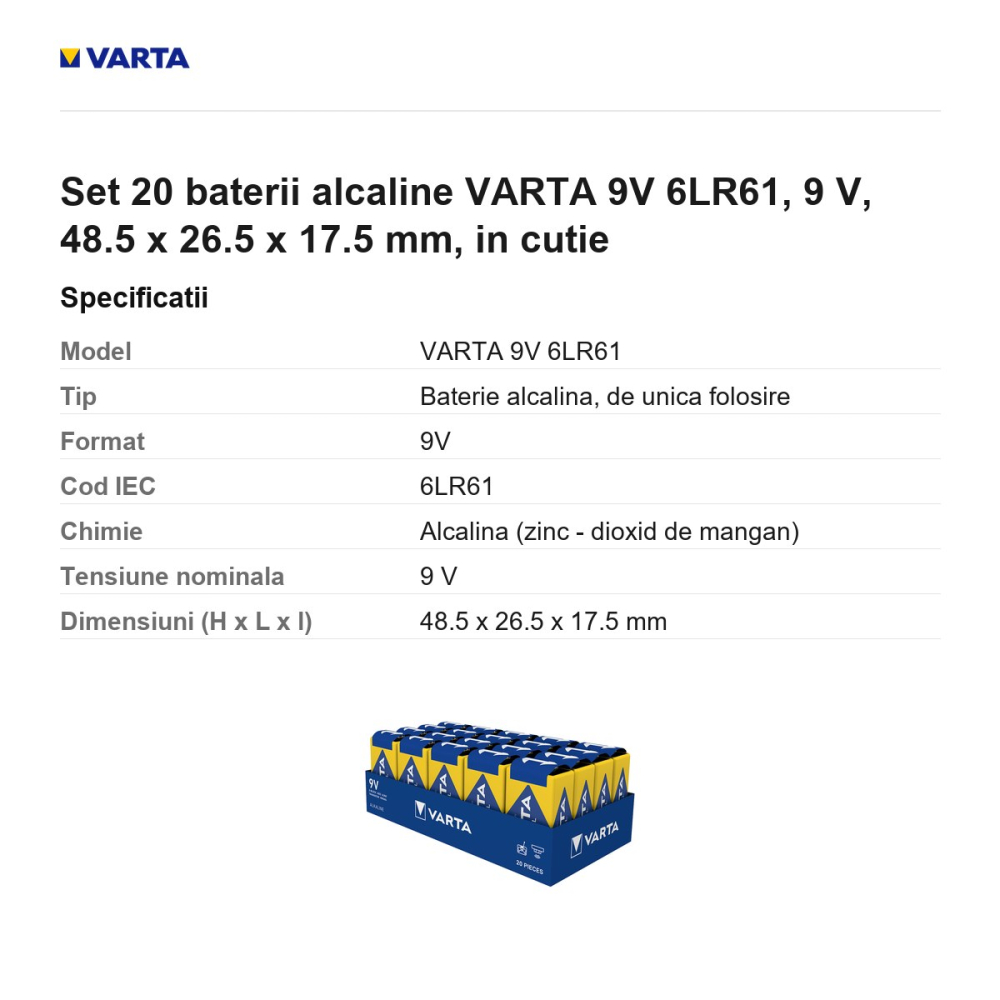 Set 20 baterii alcaline VARTA 9V 6LR61, 9 V, 48.5 x 26.5 x 17.5 mm, in cutie [3]