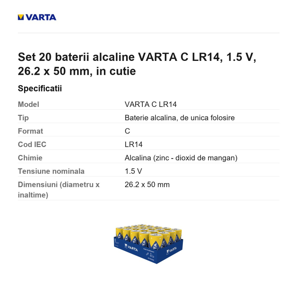 Set 20 baterii alcaline VARTA C LR14, 1.5 V, 26.2 x 50 mm, in cutie [3]
