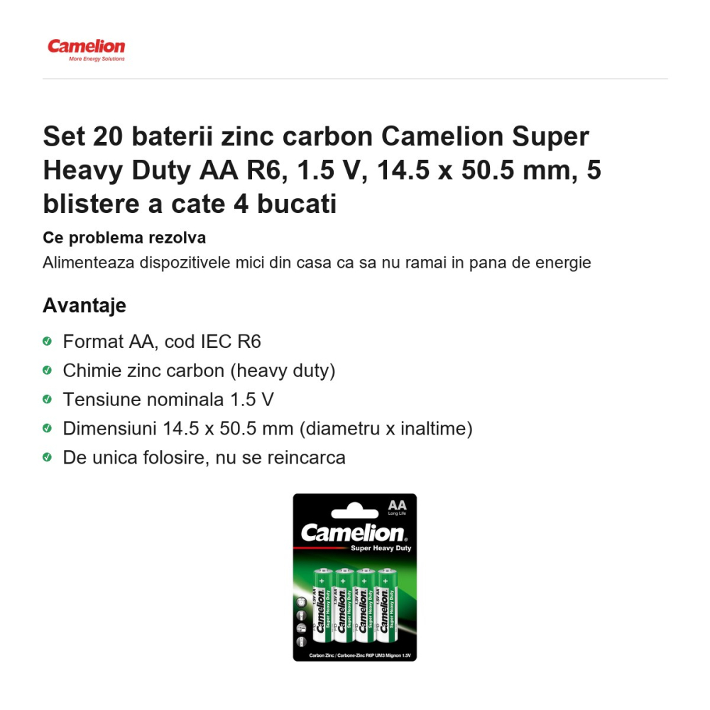 Set 20 baterii zinc carbon Camelion Super Heavy Duty AA R6, 1.5 V, 14.5 x 50.5 mm, 5 blistere a cate 4 bucati [2]
